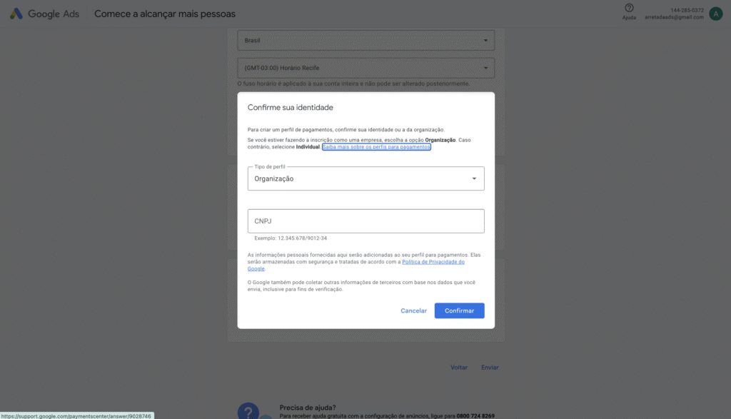 Confirmação de identidade no Google Ads