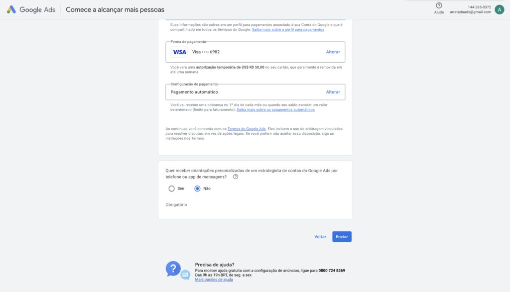 configuração do método de pagamento no google ads