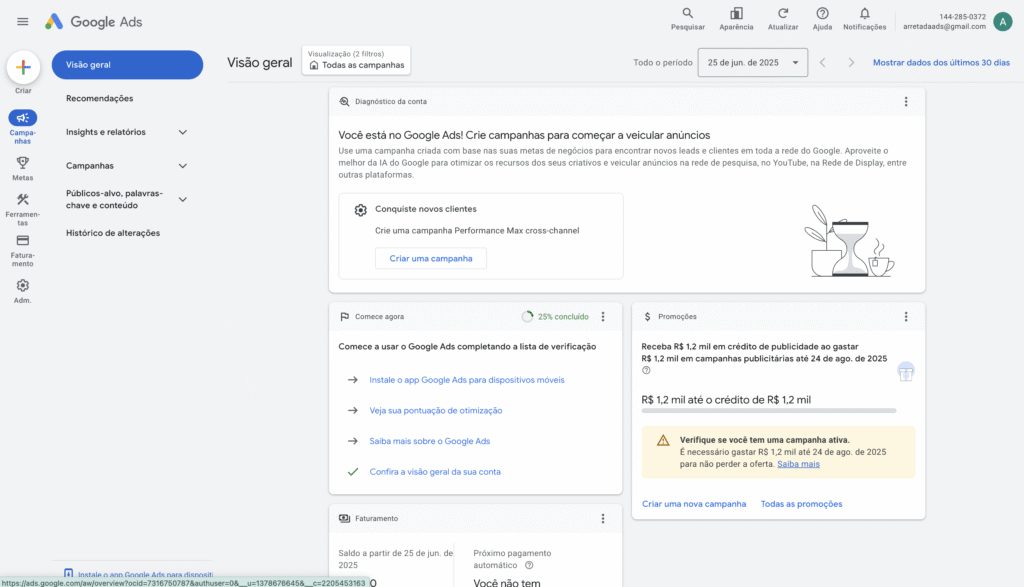 Visão geral conta de google ads