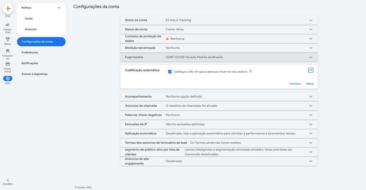 Tela de Configurações da conta do Google Ads com a Codificação automática marcada na opção Codifique o URL em que as pessoas clicam no meu anúncio