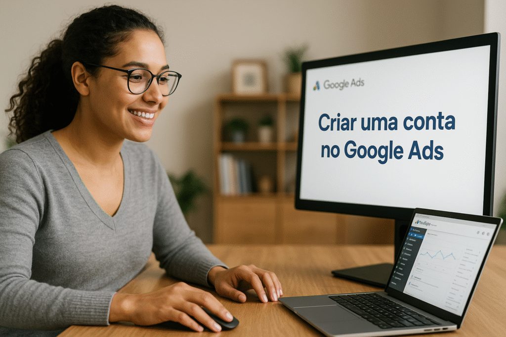 Usuária configurando sua primeira campanha no Google Ads