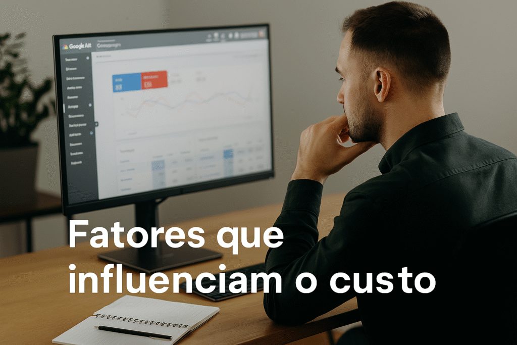 Profissional refletindo sobre variáveis que afetam o custo de campanhas.