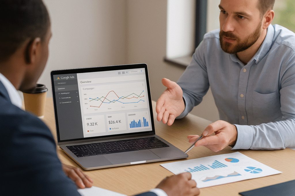 Consultor Google Ads e cliente revisam dados e gráficos para diagnóstico imediato