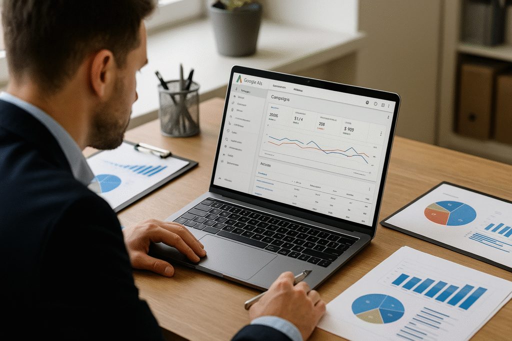 Profissional observando métricas de campanhas Google Ads no notebook, cercado por gráficos de desempenho e ambiente de trabalho moderno