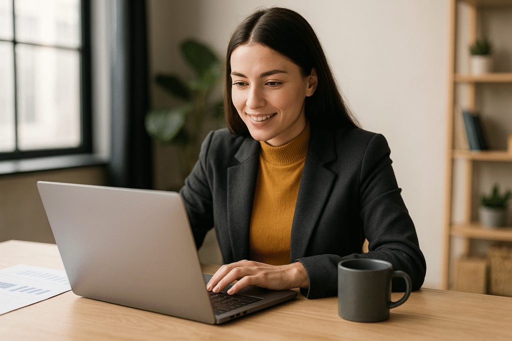 Uma mulher trabalha em seu laptop explorando o painel do Google Ads, ideal para quem busca entender os primeiros passos e valores mínimos da plataforma.