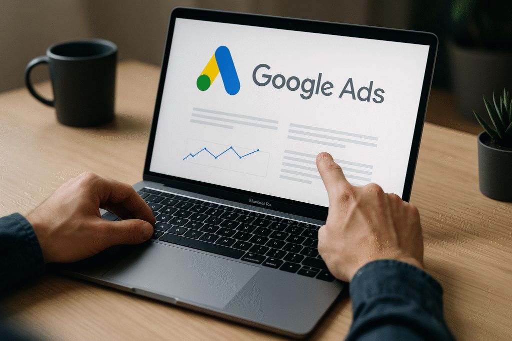 Imagem mostra uma pessoa navegando pelo painel do Google Ads e observando flutuações nos gráficos.