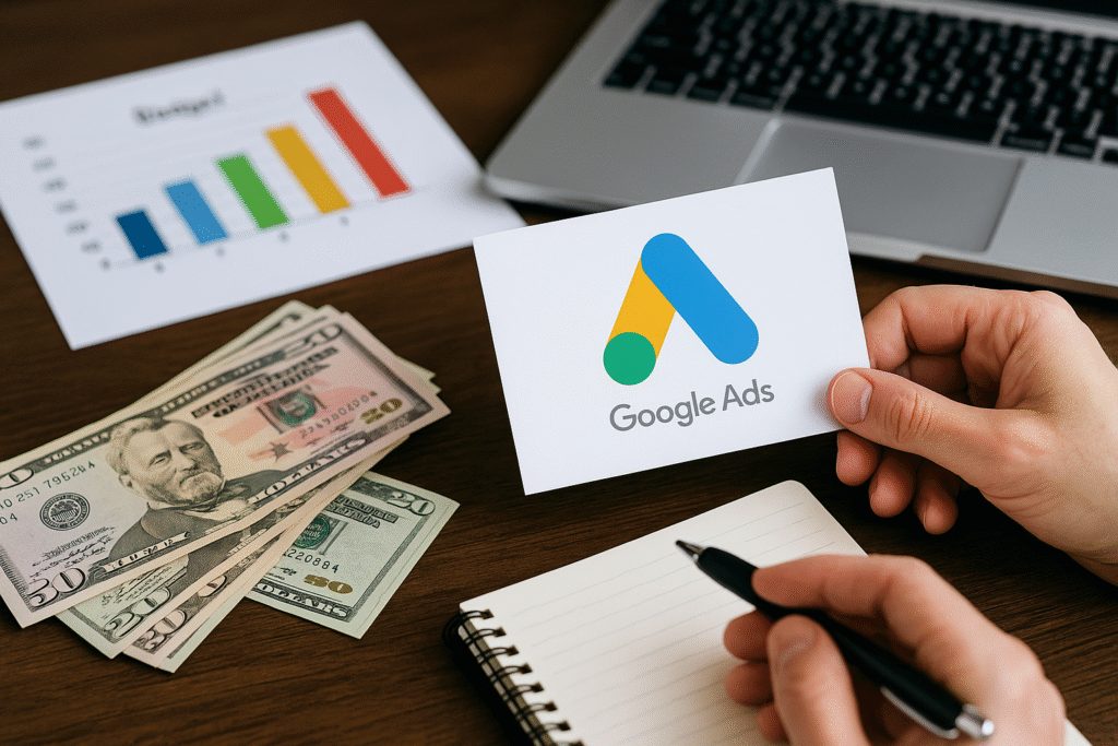Imagem realista mostra análise de ROI e outros indicadores-chave com suporte do Google Ads.