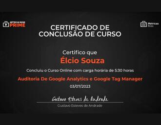Certificado Auditoria de Google Analytics e Google Tag Manager, Métricas Boss, de Élcio Souza