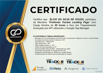 Certificado Profissão Tracker Landing Page, mentoria Cadu Parisoto, de Élcio Souza