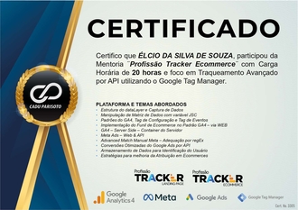 Certificado Profissão Tracker Ecommerce, mentoria Cadu Parisoto, de Élcio Souza