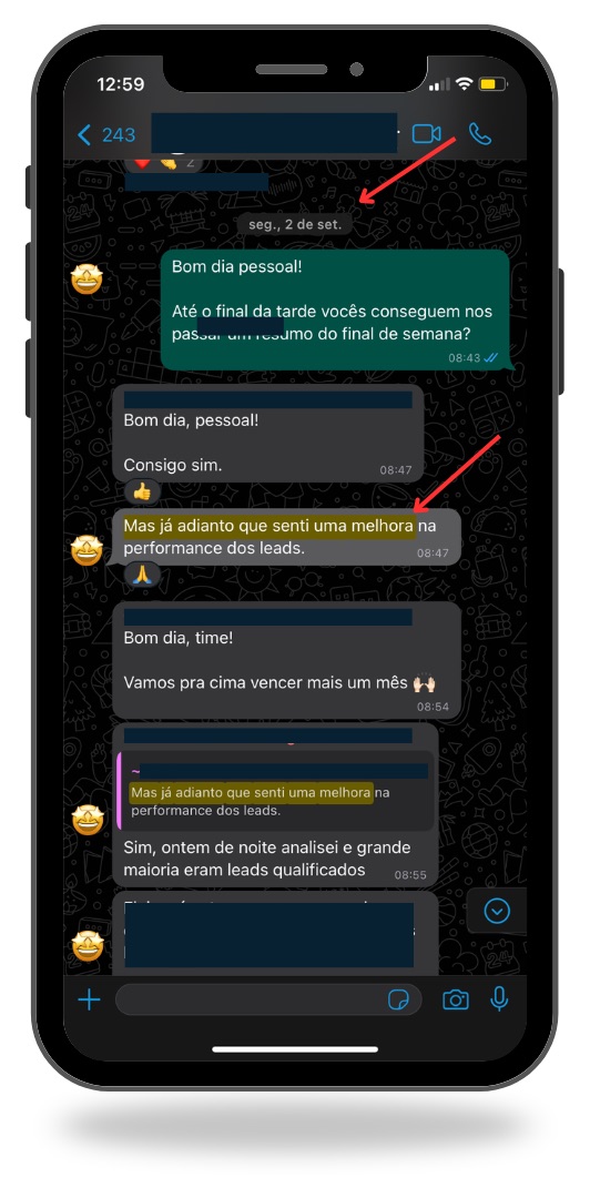 Print de conversa no WhatsApp com cliente relatando melhora no perfil dos leads
