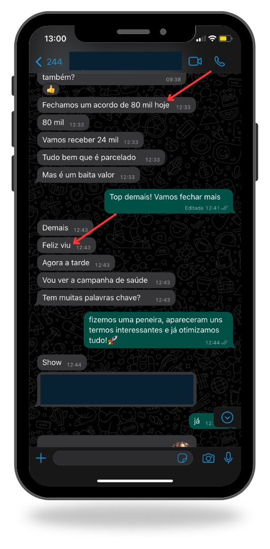 Print de conversa no WhatsApp com retorno positivo do cliente sobre a operação