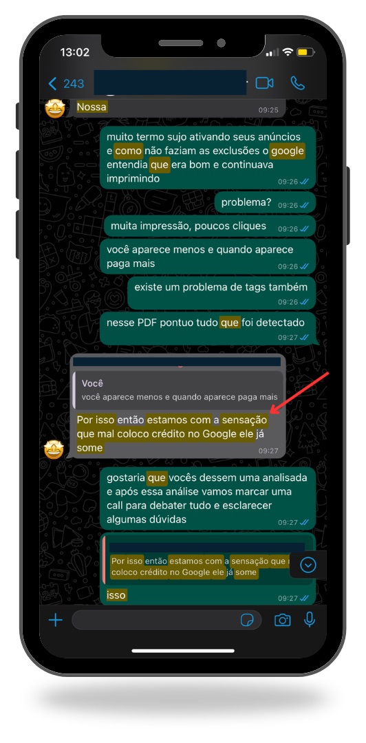 Print de conversa no WhatsApp com cliente comentando o volume de oportunidades